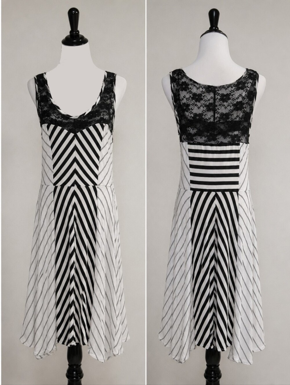 Cocolove Black & White Striped Lace Yoke Back A-Line Dress